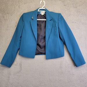 Vtg Creative Wear Jacket Women's Size 12 Blue Uni‎ Globe Open Front Crop Blazer
